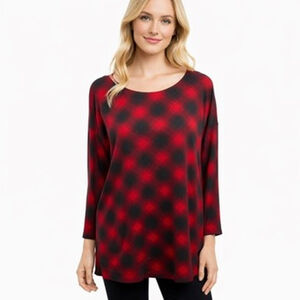 J. Jill Simply Supima Red & Black Buffalo Plaid Tunic Cabincore Knit Size L